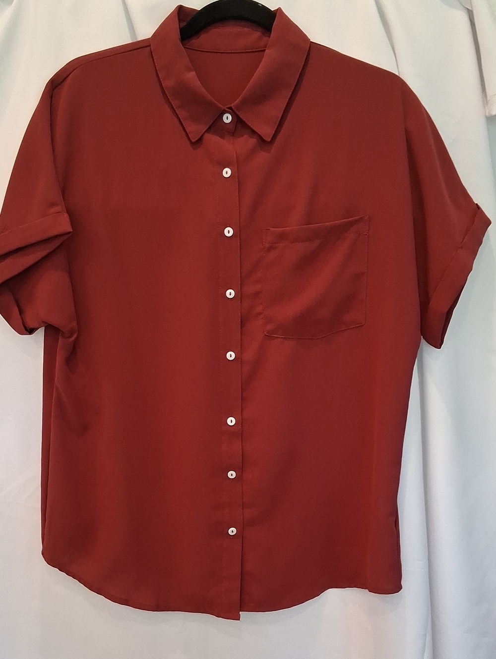 Women's Maroon Short-Sleeve Button-Up Shirt
